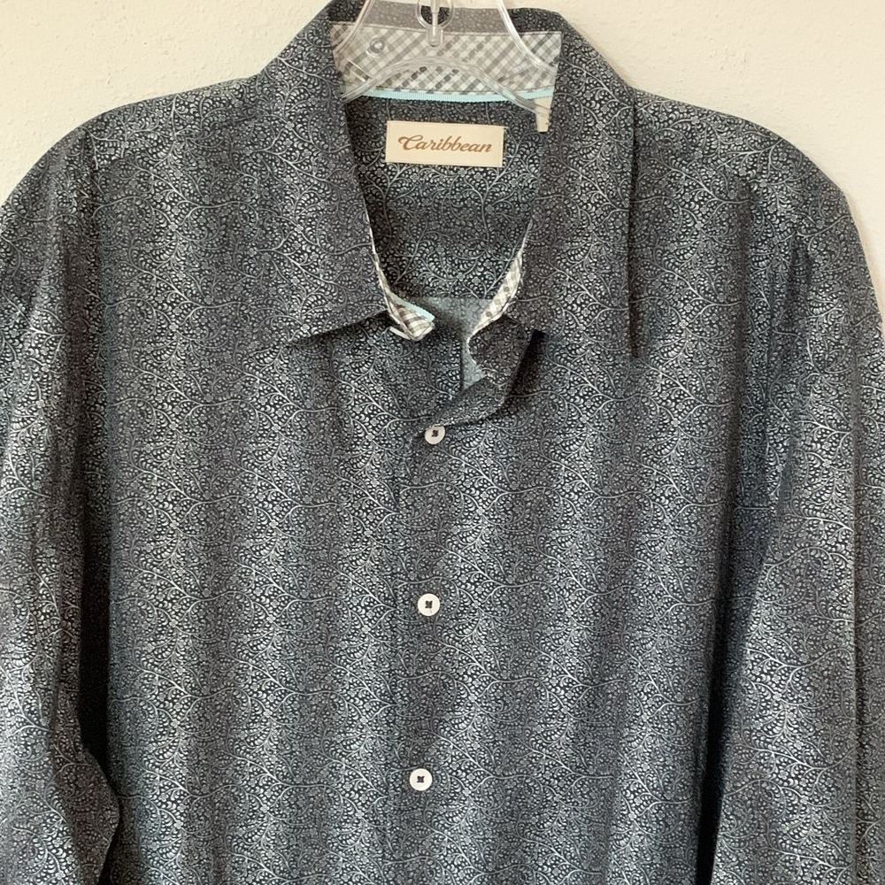 Caribbean Men's Button Up Long Sleeve Shirt Gray Paisley Stripe Cotton XL - Picture 5 of 8